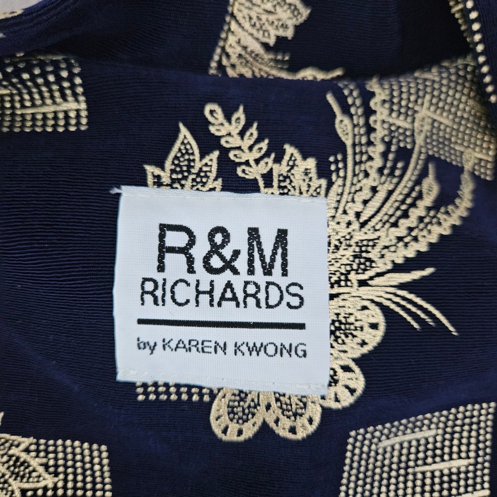 R&M Richards Open Front Cardigan Size Large Navy Gold Floral Metallic - Picture 3 of 7